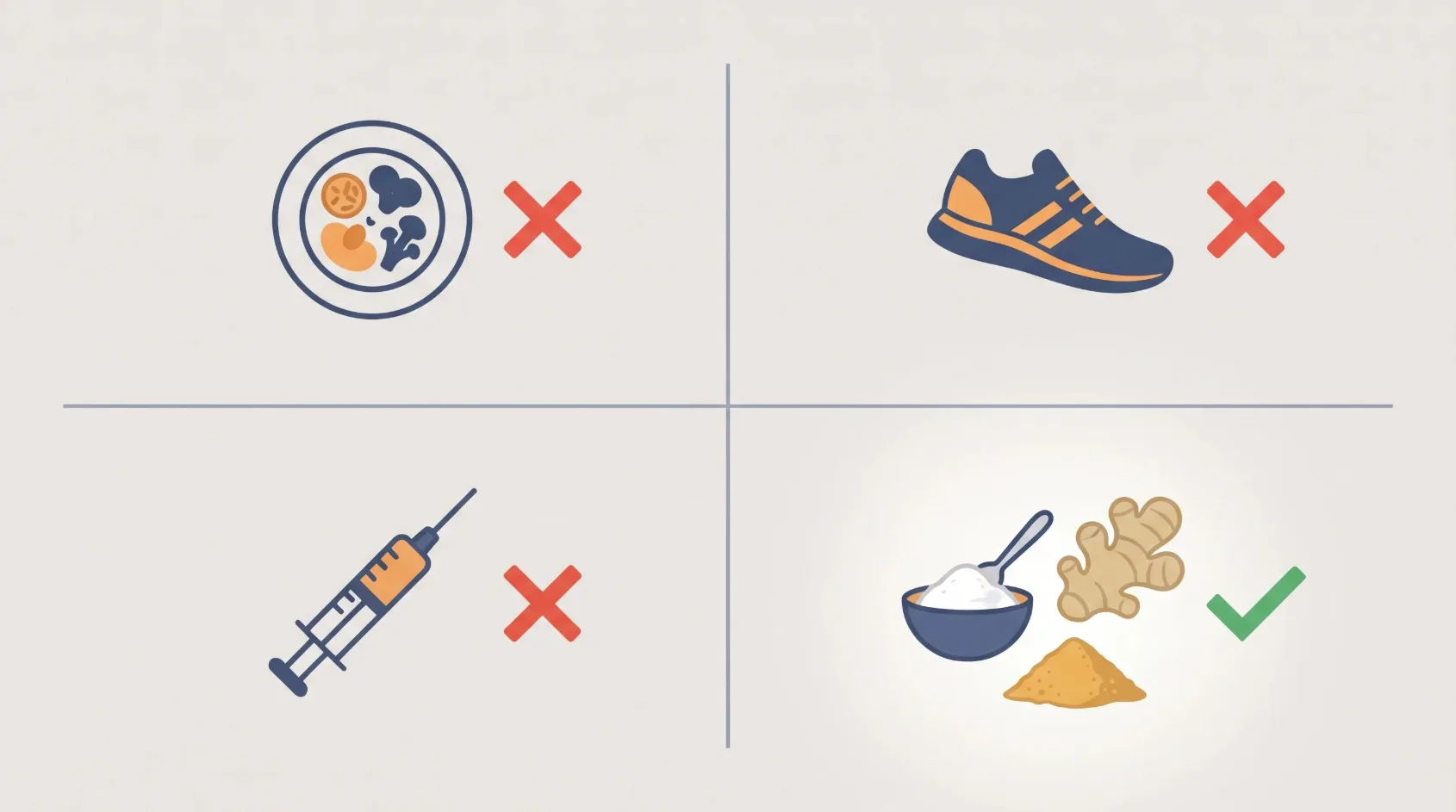 Quadrant graphic with three squares crossed out - diet plate, running shoe, syringe - and the fourth highlighted with baking soda, ginger and berberine