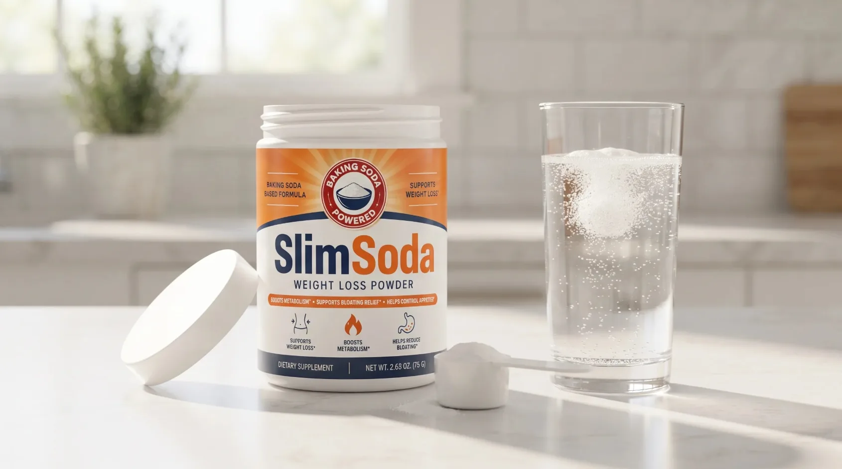 Clean product shot of a SlimSoda tub and scoop beside a glass of fizzing water on a bright kitchen counter