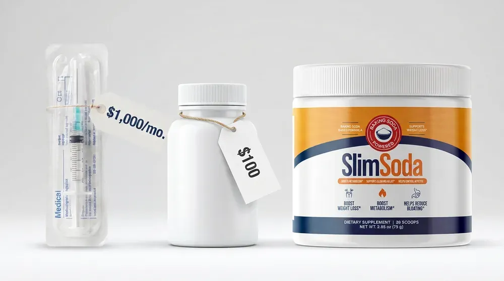 Price comparison: a $1,000 per month syringe, a $100 celebrity capsule bottle, and a SlimSoda tub at $19.99
