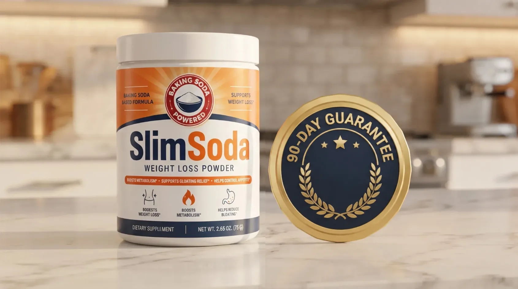 90-day money-back guarantee badge next to a SlimSoda tub