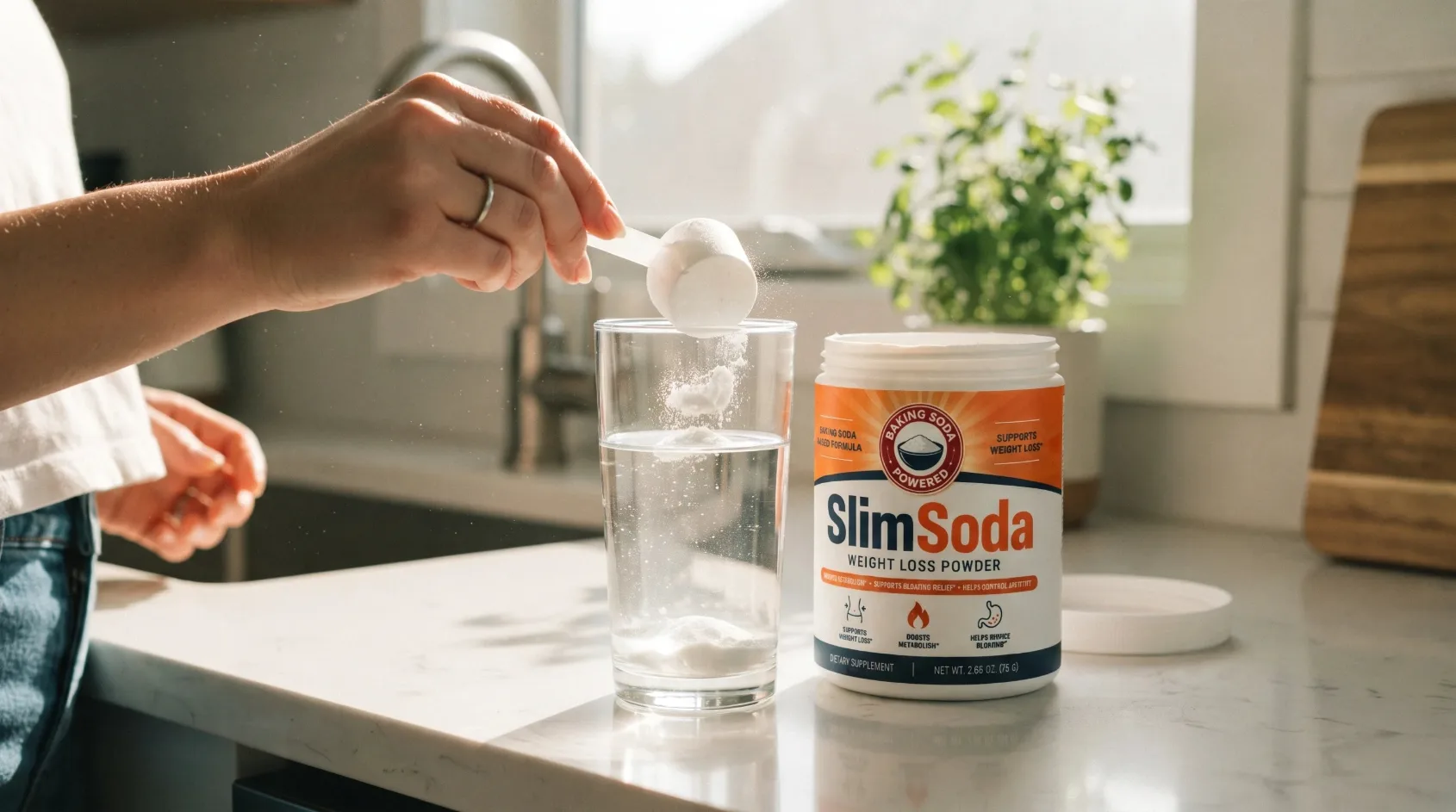 A hand scooping SlimSoda powder into a glass of water on a sunny morning kitchen counter