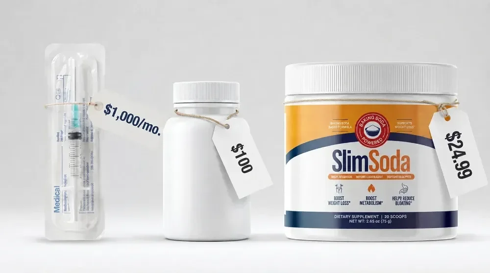 Price comparison: a $1,000 per month syringe, a $100 celebrity capsule bottle, and a SlimSoda tub at $24.99