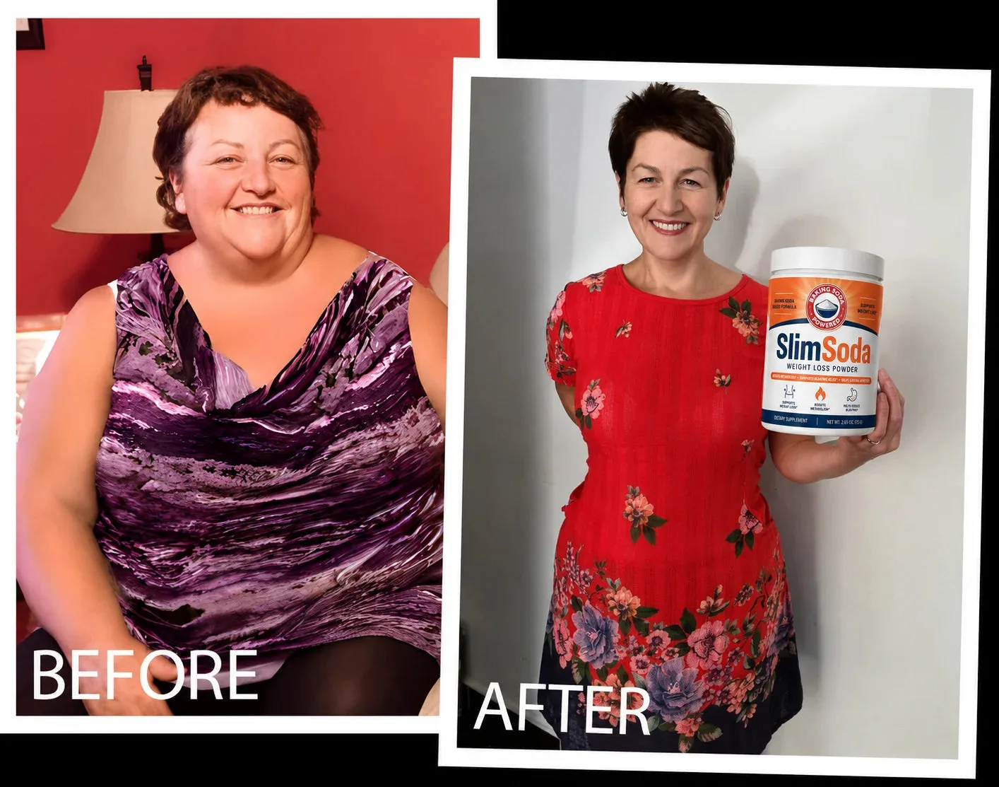 Before and after of Marlene, 67, grandmother, before avoiding the camera in a bathrobe, after smiling in dark-wash jeans she pulls out at the waist
