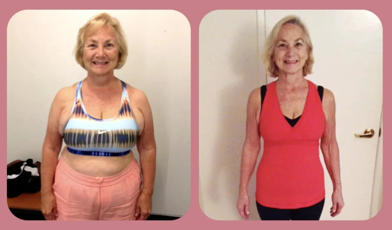 Before and after of Diane, 71, retired, before heavier sitting with low energy, after slimmer standing confidently outdoors and glowing